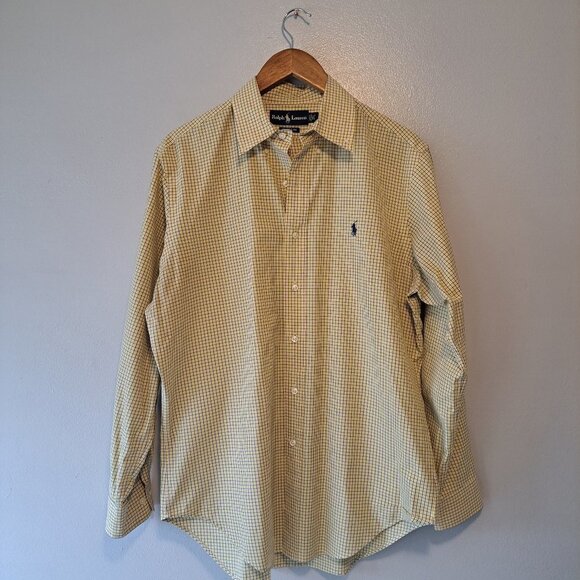 Ralph Lauren Classic Fit Mens Micro Plaid Yellow & Blue Mens‎ Shirt Size 15.1/2 - Picture 1 of 11